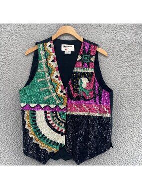 Fashion Fantasy Vest Womens XL Adjustable Multicolor Beaded Sequins Southwestern